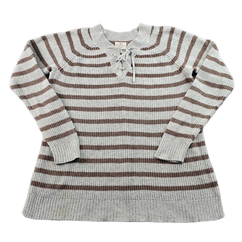 St. John's Bay Sweater Womens Medium Gray Brown Striped Long Sleeve Lace Up Neck